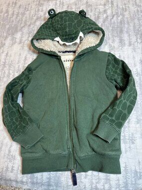 Mini Boden Green Crocodile Sherpa Lined Zip Hoodie 4-5Y